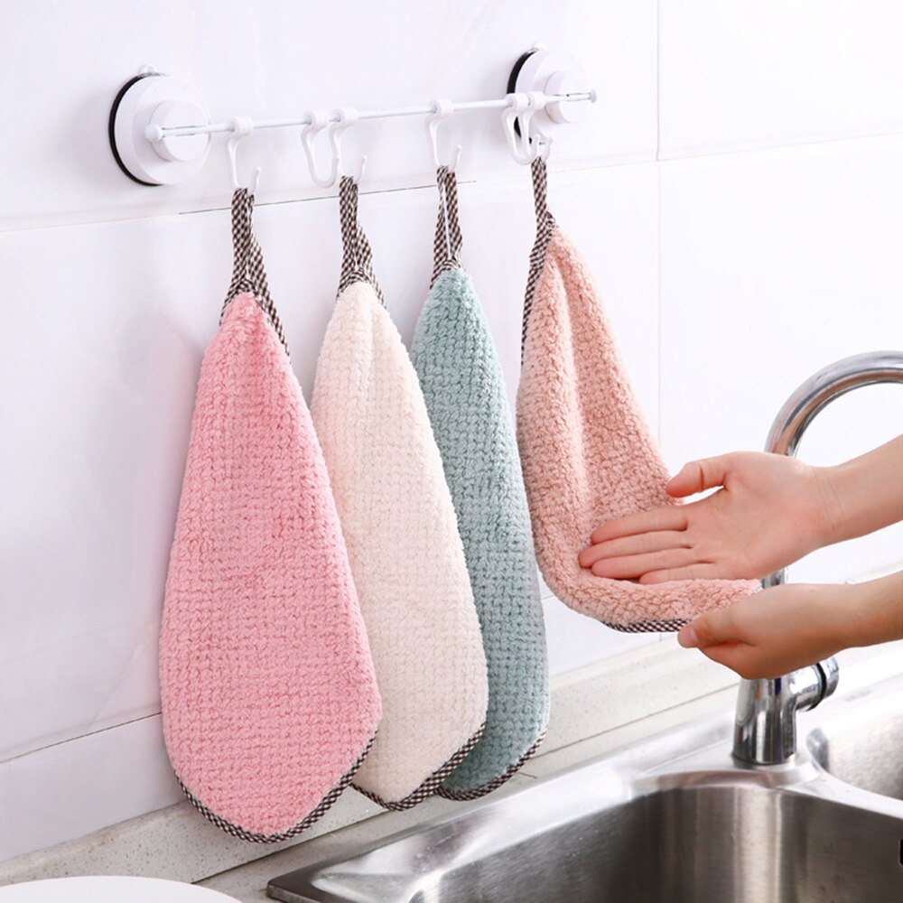 Blødt håndrengøringshåndklæde firkantede karklude hængestrop til køkken koralfløjl holdbart håndrengøringshåndklæde