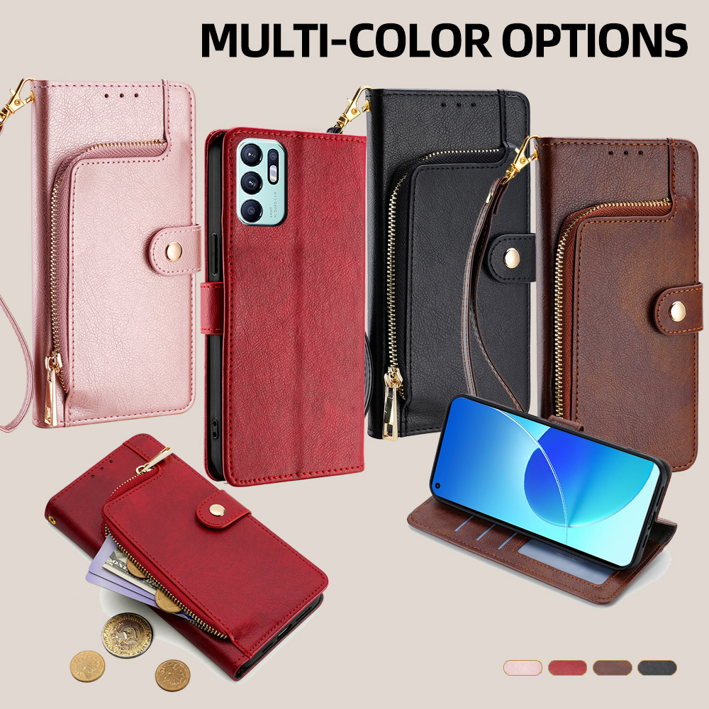 Damen Reißverschluss Brieftasche Abdeckung für OPPO Reno 6 5 Profi Plus Lite 6Z 5Z Z 5F 5K 5 Lite Metallschnalle Leder kippen Fall Gurt