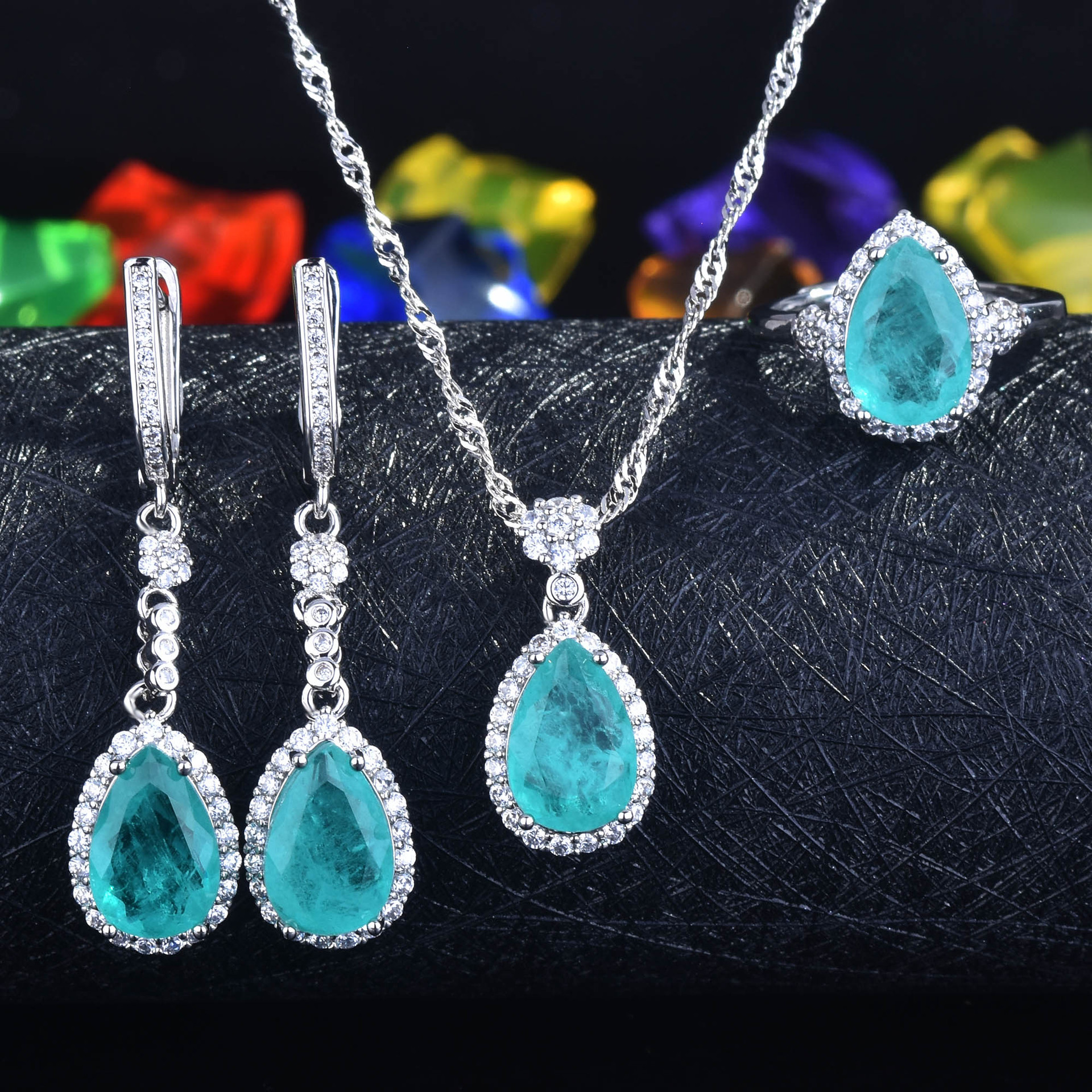Ruzzallati Prachtige Water Stone Lake Paraiba Toermalijn Sieraden Set Zilver Kleur Ring Oorbel Ketting Voor Vrouwen