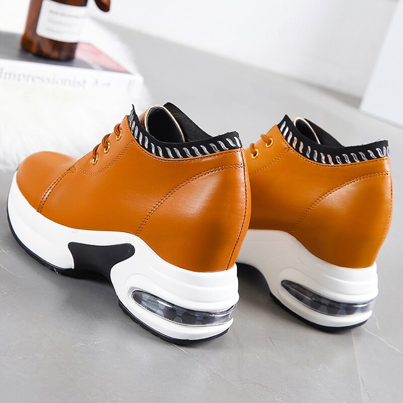 Spring Increase Height Wedge Sneakers Simple Lace Up High Platform Sneakers Beige Brown Casual PU Leather Shoes Outdoor
