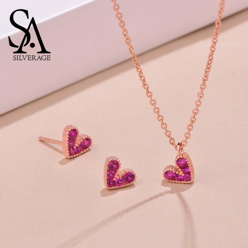 SA SILVERAGE 925 Sterling Silber Herz Schmuck-setzt für Frau 925 Silber Rose Gold Farbe Edelstein Zucht Ohrringe Halsketten einstellen