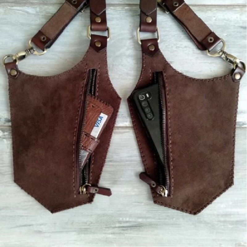 Bandolera de cuero Vintage Steampunk para hombre, cartera con funda para teléfono, dos bolsillos, para Festival, Viking, disfraz de pirata: Marrón