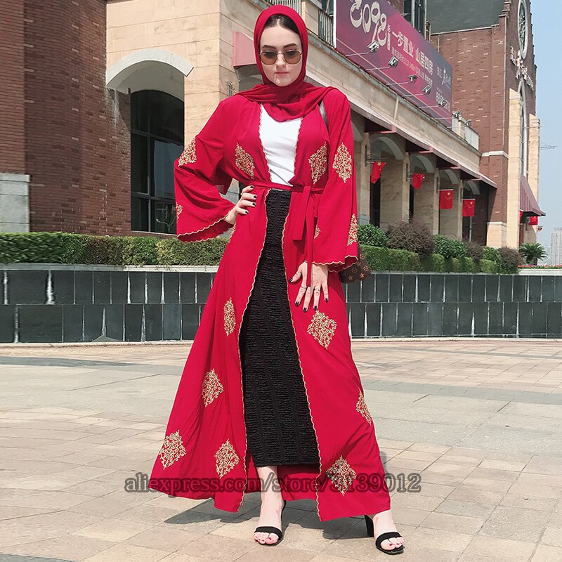 Dubaï ouvert Abaya Kimono Musulman Hijab Robe Caftan Abayas vêtements islamiques pour les femmes Caftan Marocain Qatar Kleding Robe Musulman: Red cardigan / XXL