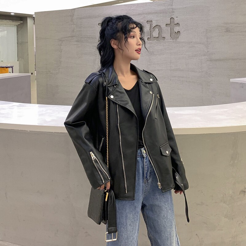 Fitaylor-chaqueta de cuero de imitación para mujer, chaqueta negra con solapa para motocicleta, abrigo Punk Vintage con cremallera, prendas de vestir con cinturón