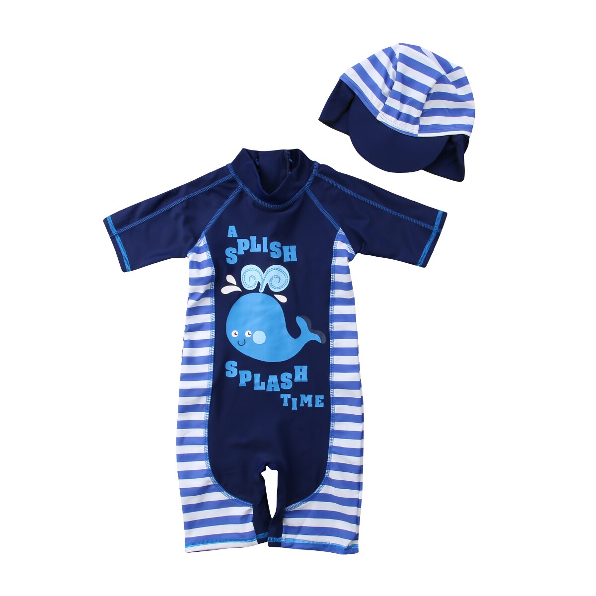 Toddler Baby&#39;s Clothes Boys Long Sleeve Swimsuit Cartoon Whale Printed Zip-up Single Piece Beachwear Bathing Suit With Sun Hat