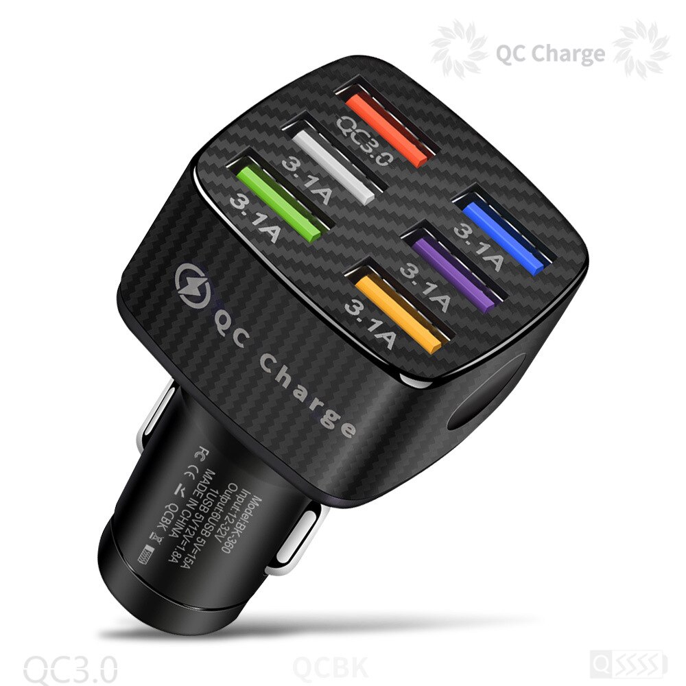 usb car charger quick 75w for Cigarette lighter QC 3.0 6 Port Fast car Charger for Xiaomi smartphone iPhone 13 pro max 12 11: Black Car Charger