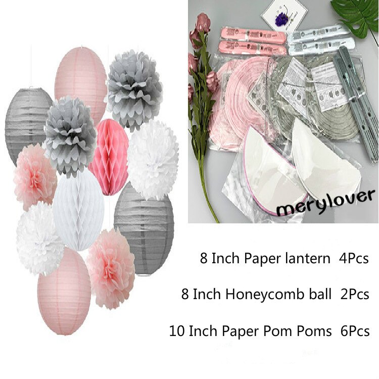 12pcs/set Mixed Paper Lantern Paper Honeycomb Ball Hanging Paper Pom PomsWedding Birthday Decor DIY Baby Shows Party Supplies: pink gray white 12pc