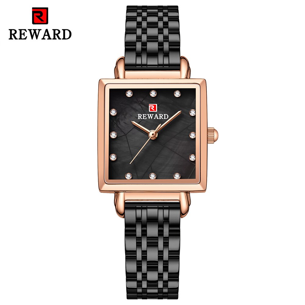 Reloj de cuarzo cuadrado para mujer, pulsera de acero inoxidable de oro rosa Simple, resistente al agua, 2022: Black