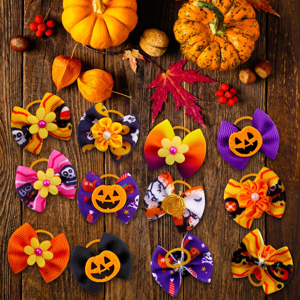 10 stuks haarstrikken voor hondenpuppy's, gemengd met schattige pompoen/bloemen, hondenhaaraccessoire, hondenverzorgingsstrikken met elastiekjes, huisdierbenodigdheden