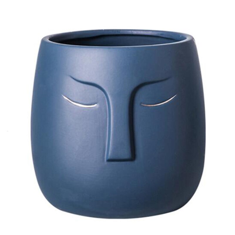 Jarrones de cerámica para decoración del hogar, maceta de cara humana nórdica, jarrón de Buda, escultura artística para habitación, arreglo de flores, macetas de cerámica verde: Dark blue / 12X12X10cm