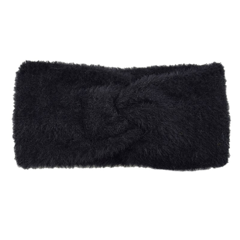 Diademas mullidas con nudo hechas a mano para mujer, bandanas de imitación de visón y Cachemira con lazo sólido, diademas sencillas con calentador de orejas, diadema para mujer: Black