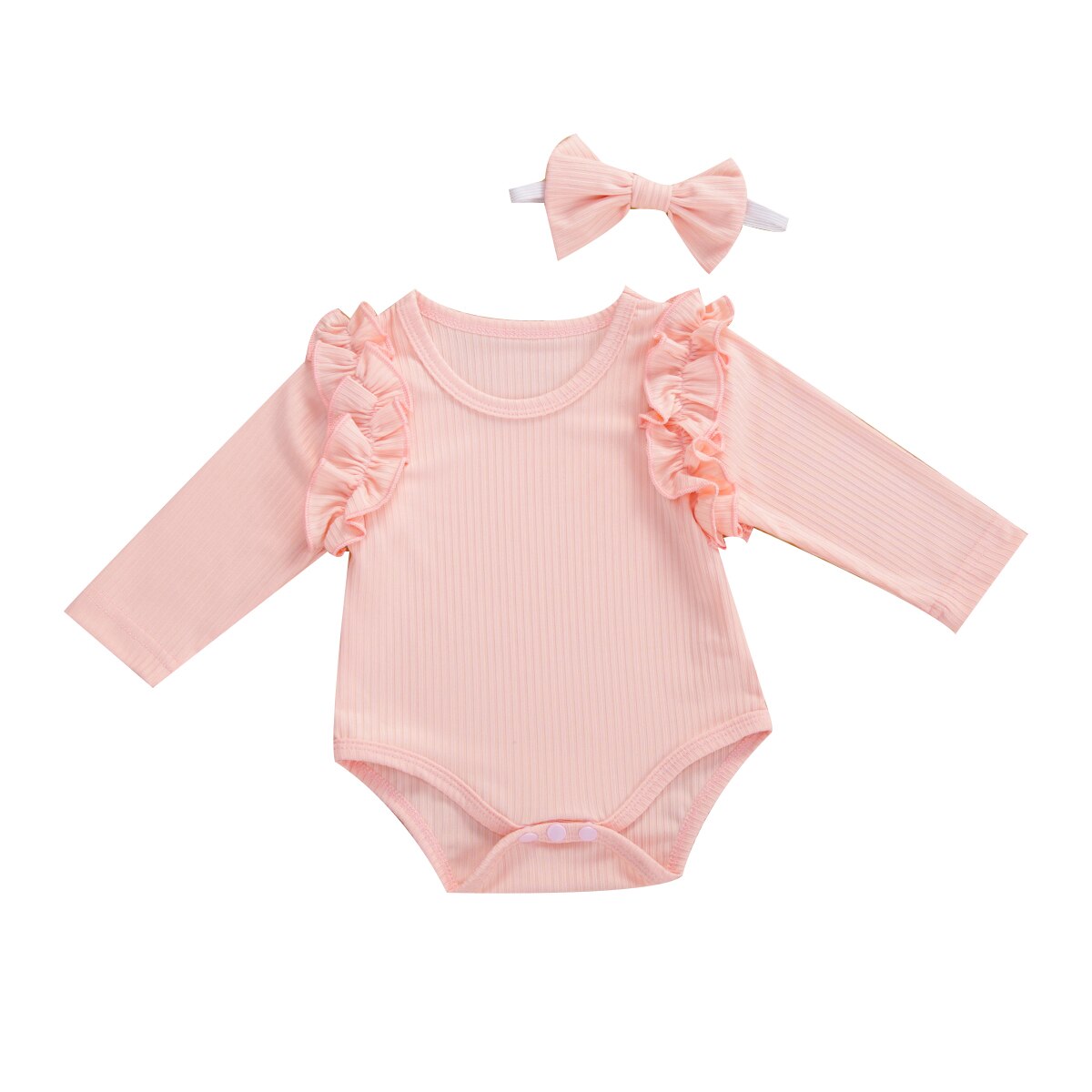 Focusnorm Herfst Baby Meisjes Jongens Bodysuits Hoofdband Ruches Lange Mouwen Knit Solid Jumpsuits 2 Stuks 5 Kleuren: Roze / 6m
