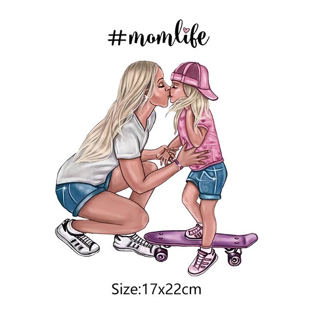 Mor pige varmefølsomme selvklæbende lapper gør-det-selv t-shirt strygelapper varmeoverførsel til pige mor skateboard badge på tøj: 17 x 22cm