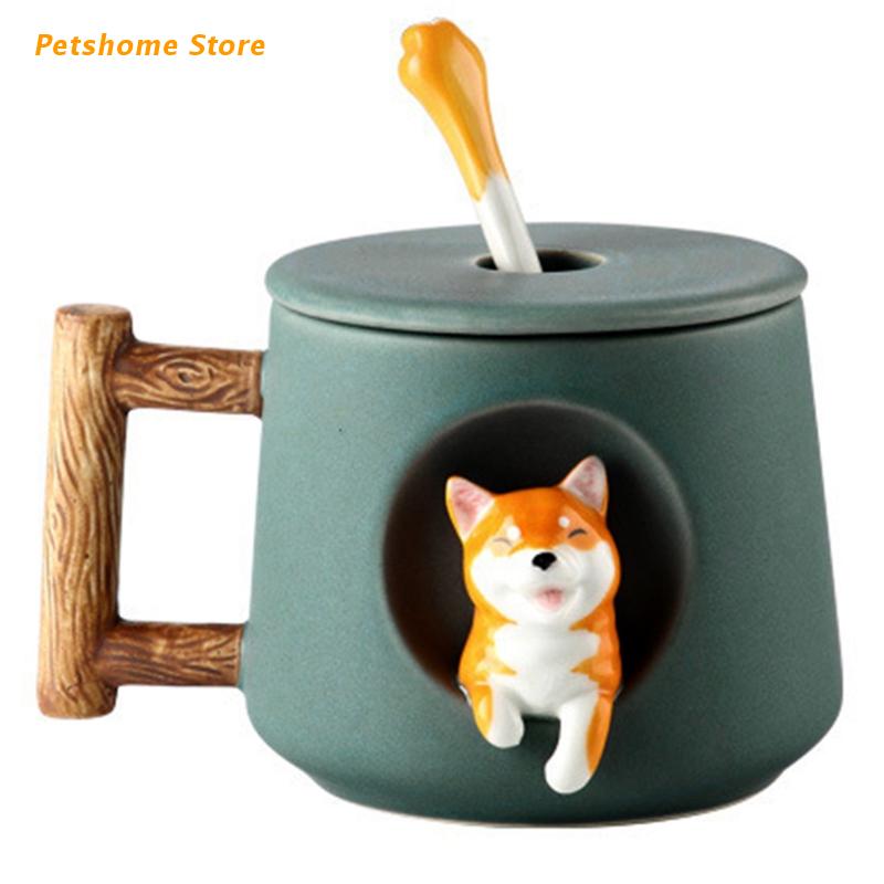 Taza de cerámica con dibujos de animales Shiba Inu para hombre y mujer, creativa, pareja con tapa, cuchara para beber, taza de agua café: Green