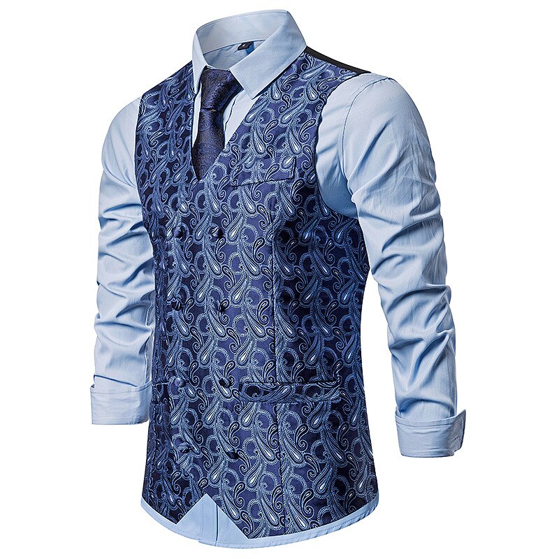 Dubbelrijs herenvest casual paisley bloemenprint colete social luxe heren bruidsvesten gilet kostuum heren: Marine / Ik