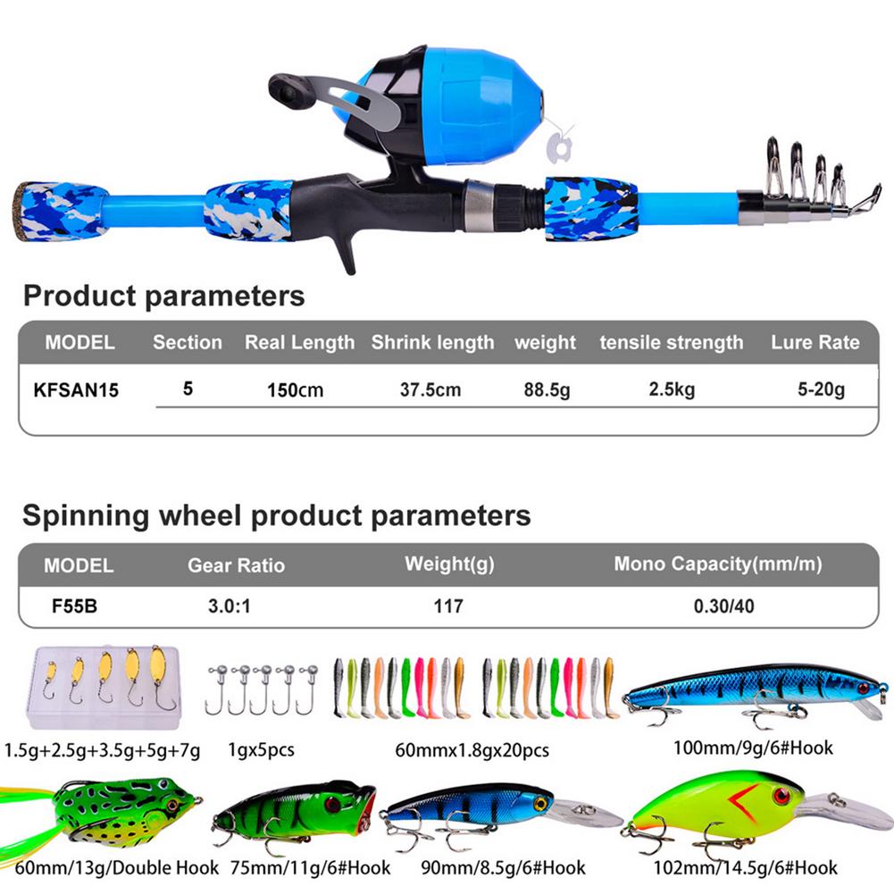 Kids Fishing Pole Set Full Kits With Telescopic Fishing Rod And Spinning Reel Baits Hooks Saltwater Freshwater Travel Pole Set