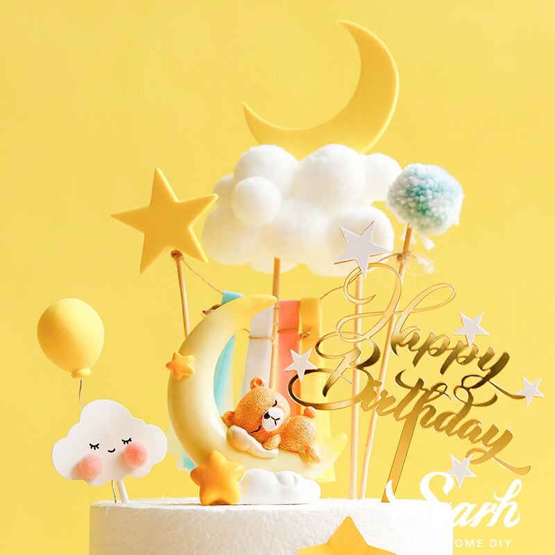 Månen sover björn tårta topper för födelsedagsfest tillbehör hårboll regnbåge baby shower dessert dekoration barn bakning kärlek