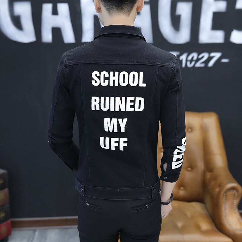 Veste d'automne pour homme, vêtement de rue bleu clair, en Denim, avec impression de l'alphabet, poches en Patchwork, en coton, manteaux décontractés