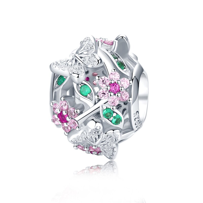 Wostu ægte 925 sterlingsølv blommeblomstperler blomst pink zirkon charm pasform originalt armbånd vedhæng gør selv-smykker: Ctc 116