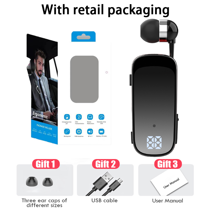 Écouteurs Bluetooth avec fil rétractable, casque avec fil, musique professionnelle, rappel de vibration 20h, allergique, 2 téléphones: Rouge