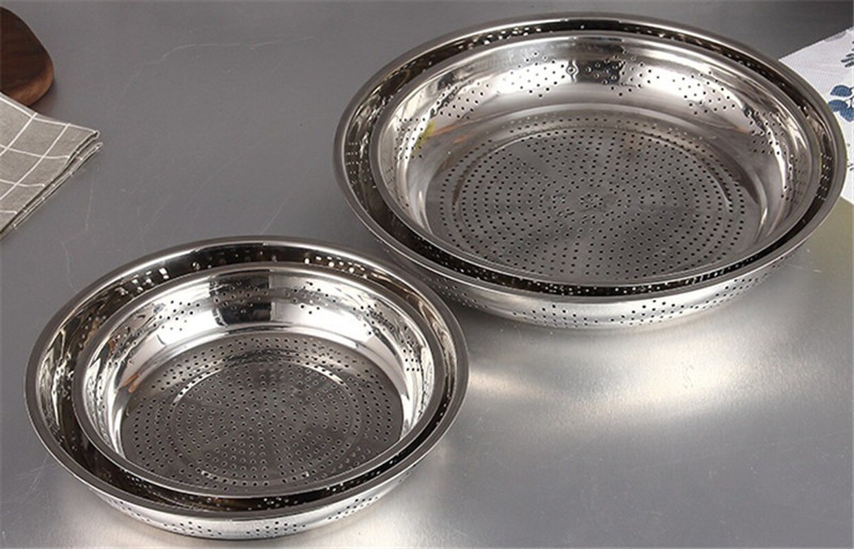 Thickened Stainless Steel leak colander Plate Round hole tray Deep Pallet Super Large Steamer Rice bean Disc Drainage Plate set