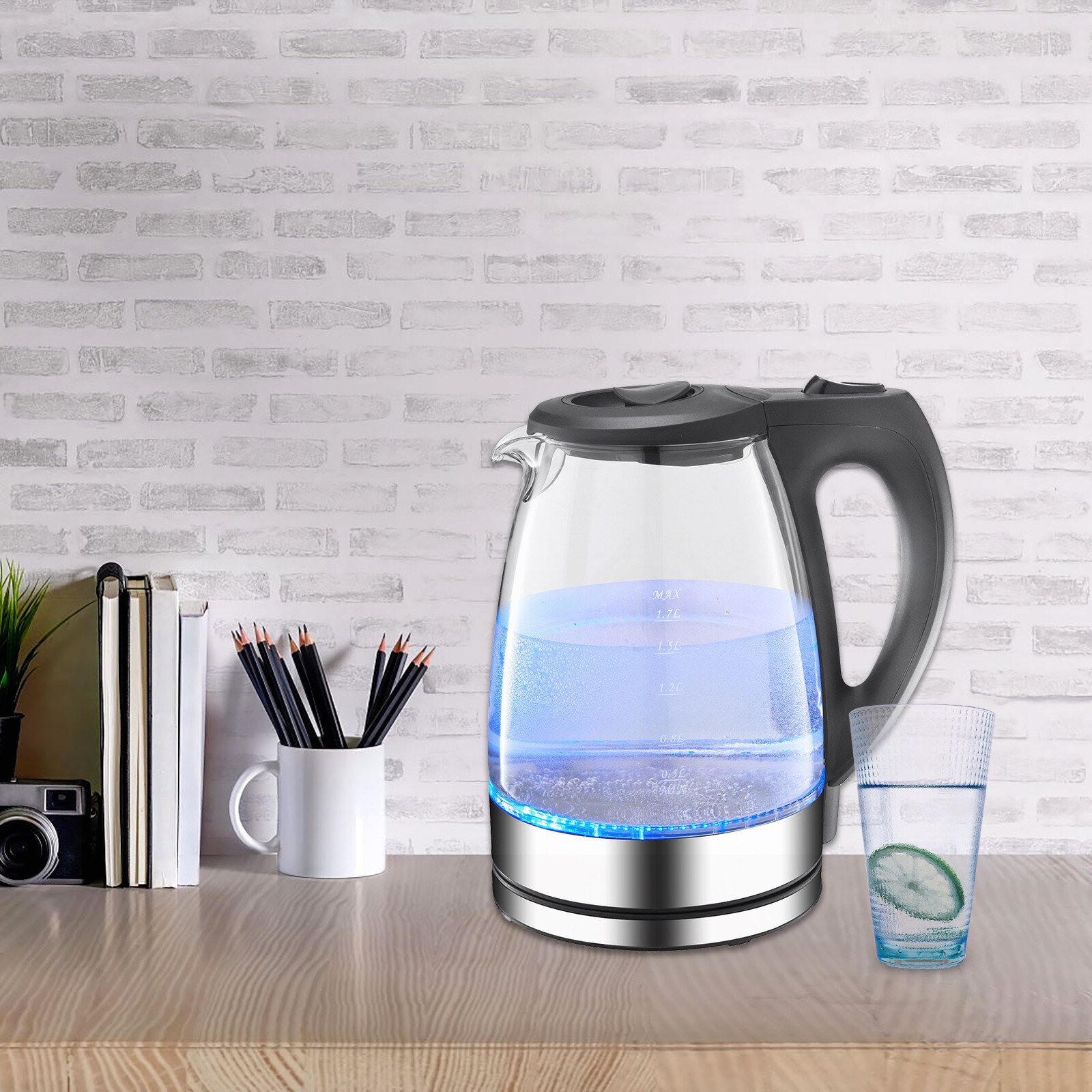 Portable Electric Glass Kettle 1.7L with Blue LED Light and Stainless Steel Base