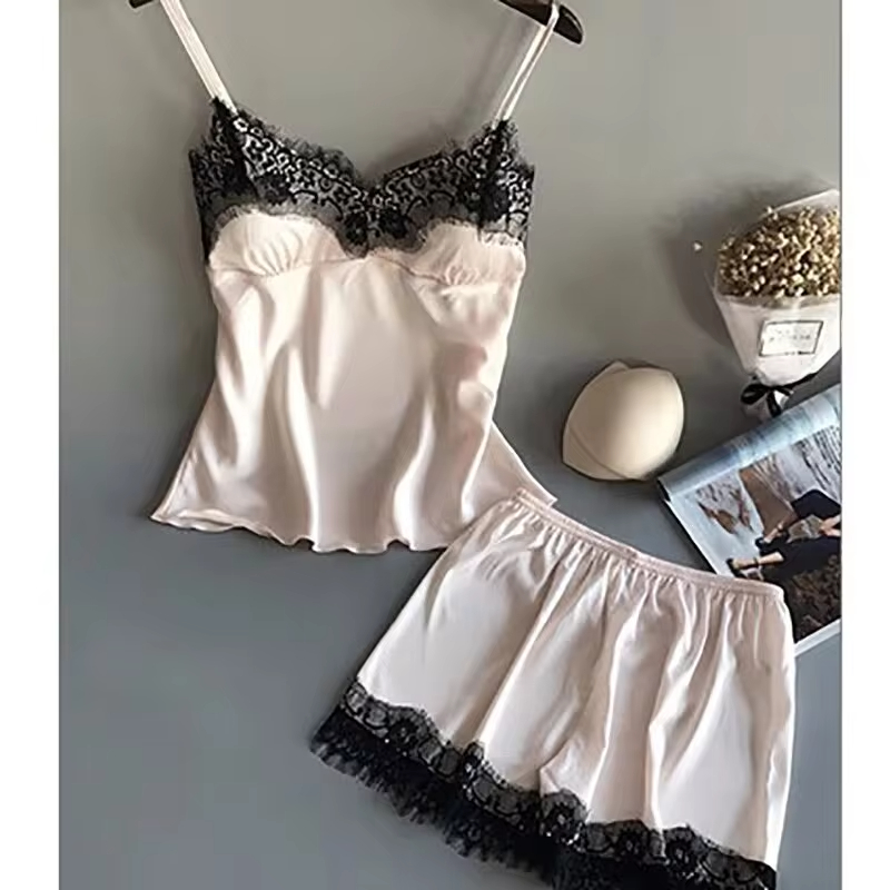 Traje de pijama para mujer, picardías de satén elástico con cuello en V, lencería Sexy de encaje, pijamas con lazo, pantalones cortos para dormir, conjunto de ropa de dormir nueva
