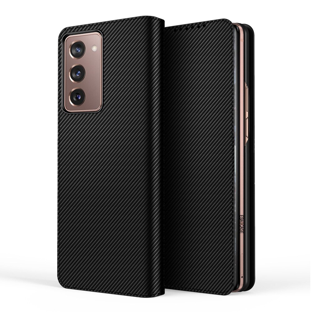 Magnetic attraction Split fold Case For Galaxy Fold 2 Case Case for Galaxy Z Fold2 5G Leather Flip Case Mobile Phone Shell: Carbon Fibre Black