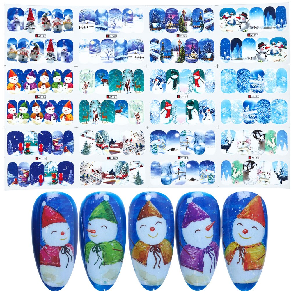 Deslizador de uñas de Navidad, 1 Uds., de uñas de Año de Papá Noel, Elk, muñeco de nieve, ciervo, tamaño grande, cubierta completa, pegatina de transferencia de uñas de agua GLBN/A-1: A1177-1188
