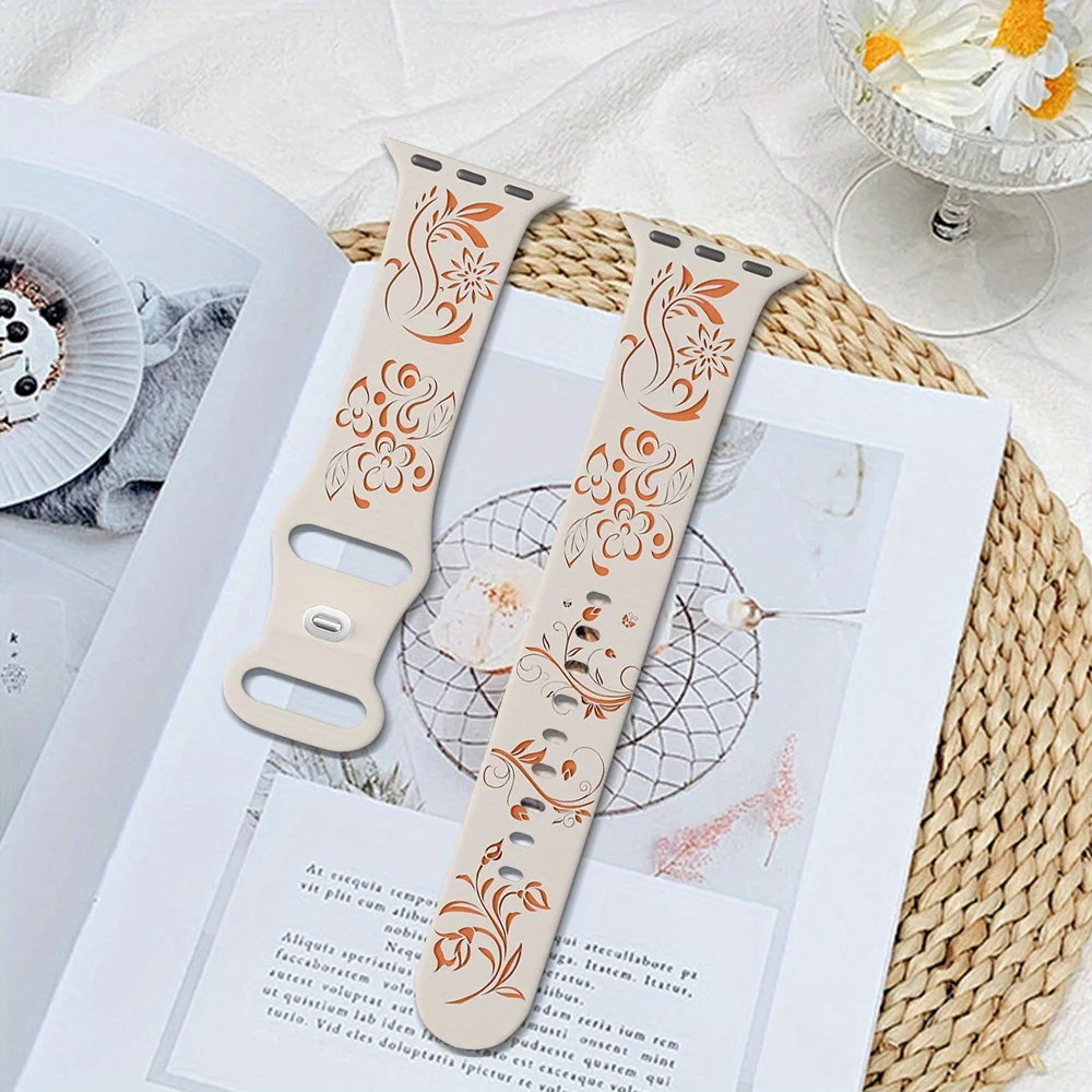 Silicone Floral Engraved Strap For Apple Watch 38/42/46mm 41/44/45mm 49mm Sport Bracelet For iWatch Series 10/9/8/7/6/Ultra Band
