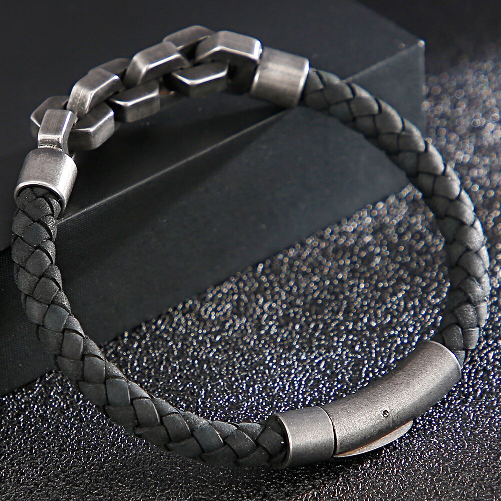 Handgemaakte 6 Mm Breed Gevlochten Lederen Armband Mannen 316L Roestvrij Staal Mens Sieraden Wrap Armbanden Verjaardag Cadeaus Voor Vriendje Hem