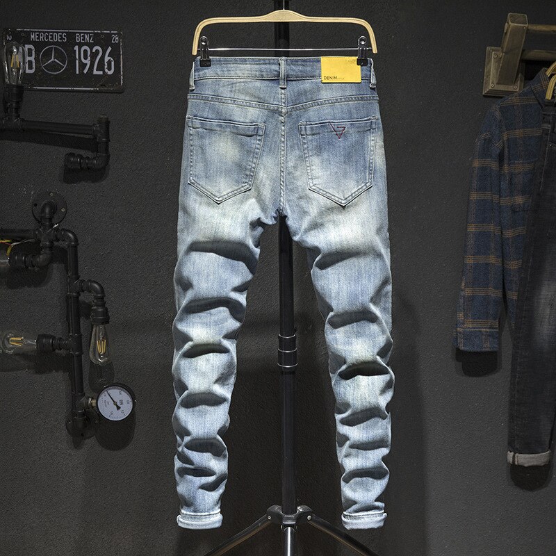 Heren jeans gaten gerafeld hiphop gescheurd lichtblauw stretch slim leg streetwear distressed moto biker jeans mannelijke denim broek ,849