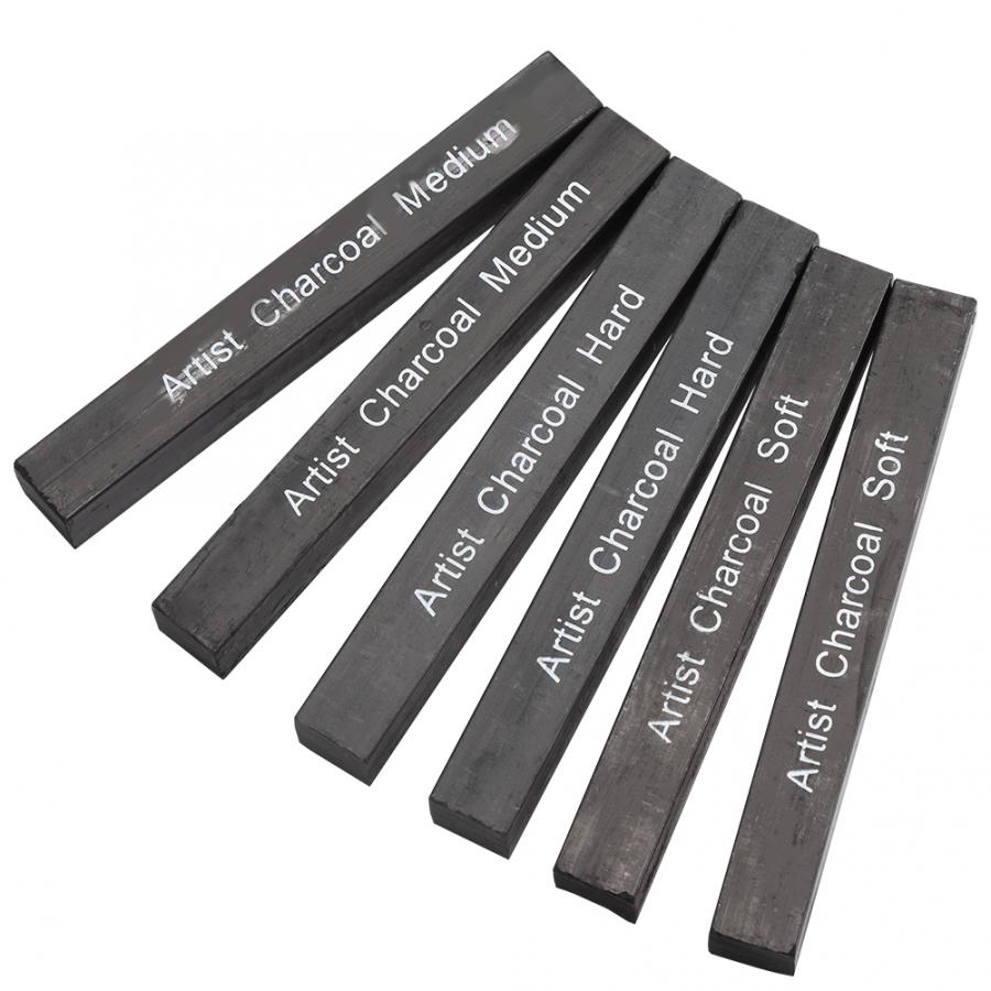 6Pcs Compressed Charcoal Sticks Black Square Soft/Medium/Hard Graphite Drawing Pencil Art Supplies Compressed Charcoal Sticks