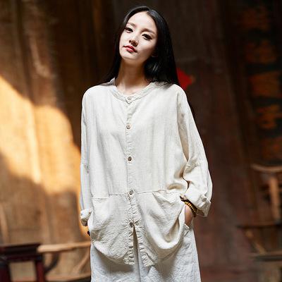 Muelle suvance verano otoño O Color sólido cuello Blusa de manga larga de lino Camisas de mujer: YuanMa color