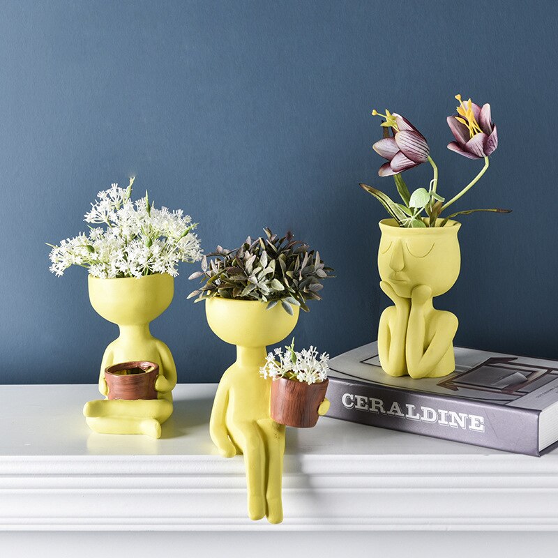 Humanoid keramik urtepotte karakter siddende stilling skulptur vase desktop blomsterarrangement container sukkulenter plantepotte