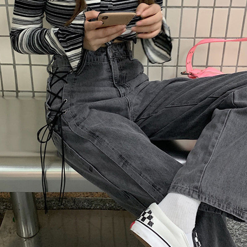 Jean gothique taille haute pour femme, pantalon en Denim, à jambes larges, à lacets sur le côté, Harajuku Y2K, Streetwear, droit