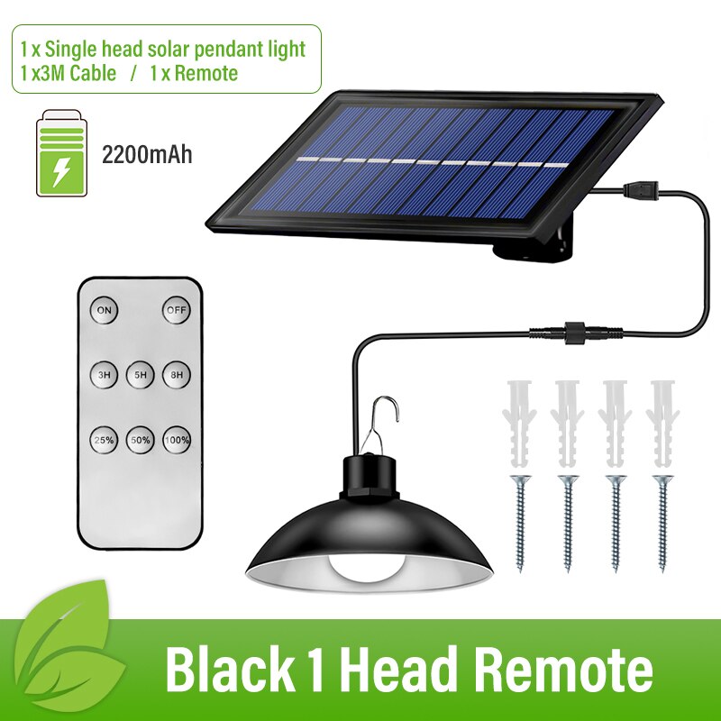 Luces colgantes de doble cabeza impermeables IP65, lámpara Solar para interior y exterior, luces de cobertizo con Cable alimentadas por luz Solar para patio, Camping, etc.: Remote 1 Head Black / Warm White - 3500K