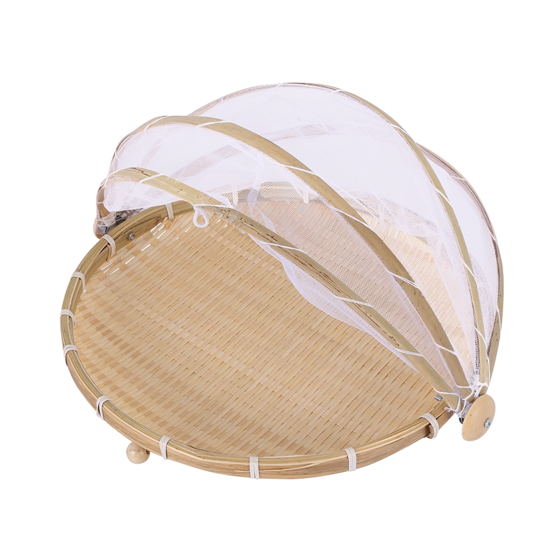 1Pc Hand Woven Bug Proof Basket Dustproof Picnic Basket Handmade Fruit Vegetable Bread Cover Wicker Basket With Gauze: Default Title
