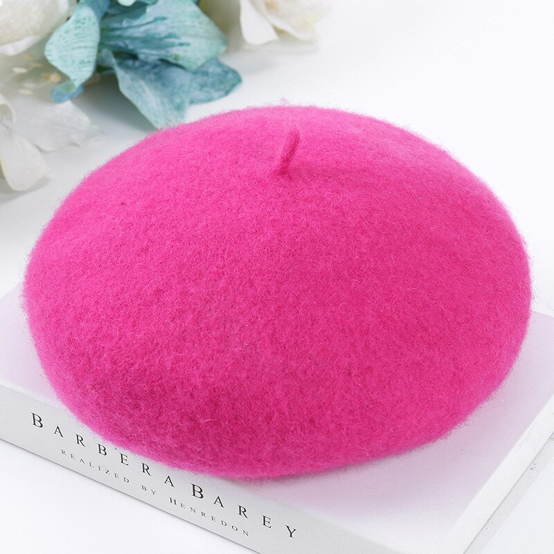 Women Wool Solid Color Beret Female Bonnet Caps Winter All Matched Warm Walking Hat Cap: hot pink