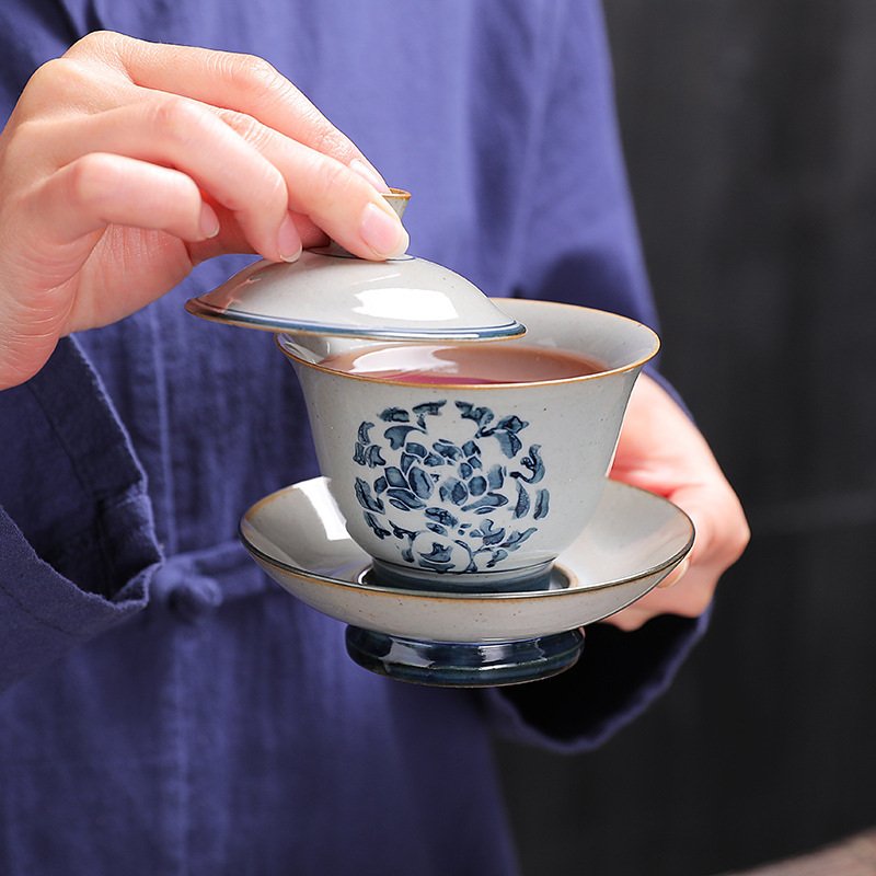 Retro Chinese Tea Cups Ceramic Gaiwan Tea Cup and Tea Lid Set Handmade Kung Fu Sancai Tea Bowl Drinkware