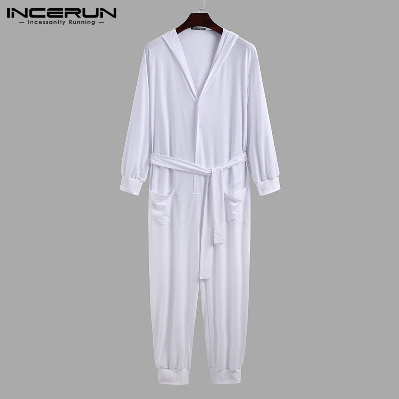 Leisure Solid Jumpsuits Sleepwear INCERUN Men Long Sleeve Buttons Hooded Drawstring Rompers Nightgown Loose Pockets Homewear 5XL