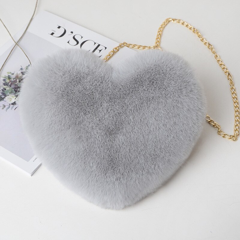 Mode Vrouwen Hartvormige Handtassen Leuke Kawaii Faux Fur Crossbody Tassen Portemonnee Portemonnee Pluche Keten Schoudertas Dame Handtas: Light gray