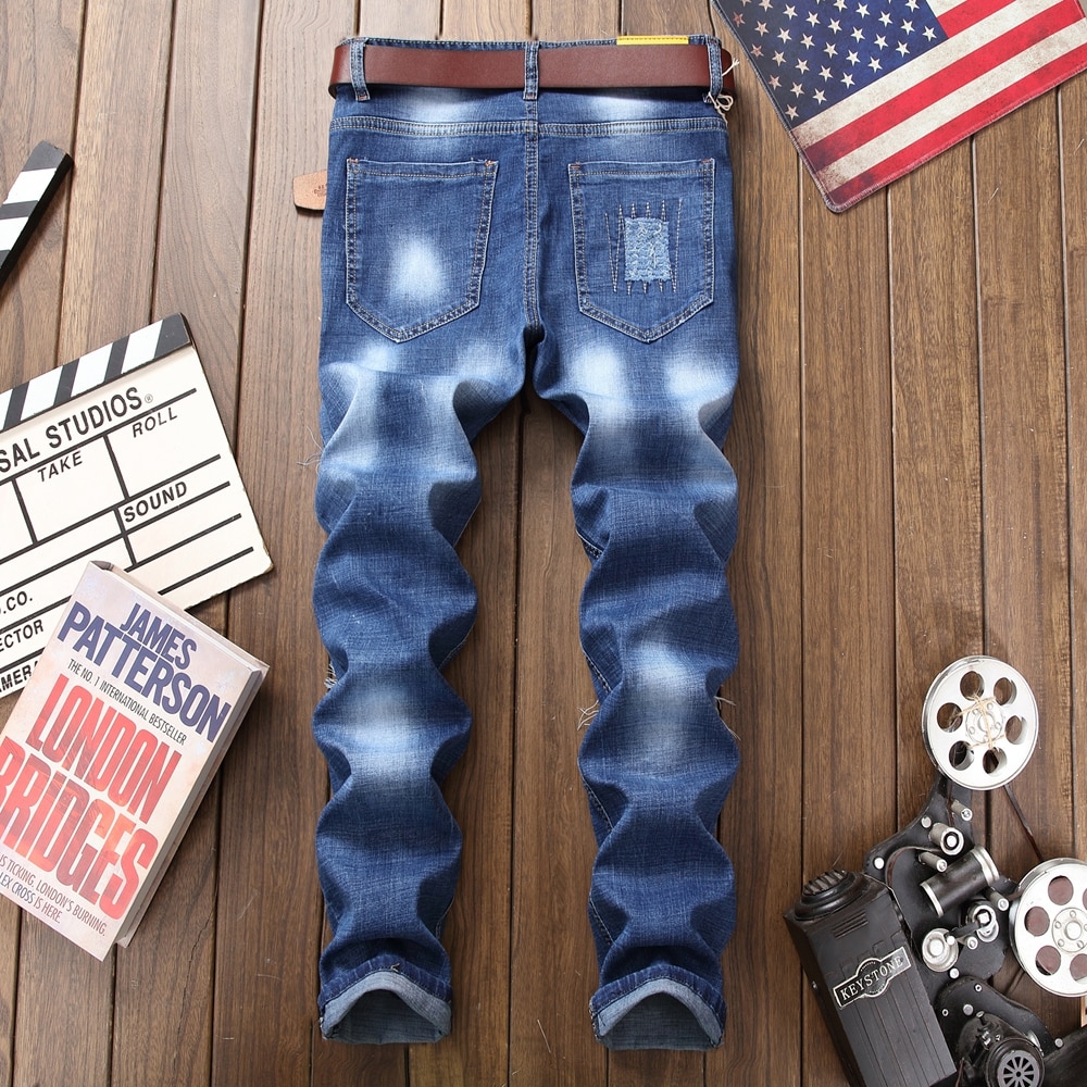 Märkesjeans herr slitna nödställda hål tryckta lapptäcke homme jeansbyxor plus storlek 29-38 blå herrjeans