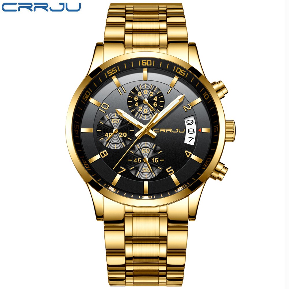 CRRJU cronógrafo relojes duraderos hombres Casual negocios impermeable oro negro Acero completo cuarzo reloj Relogio Masculino 2214
