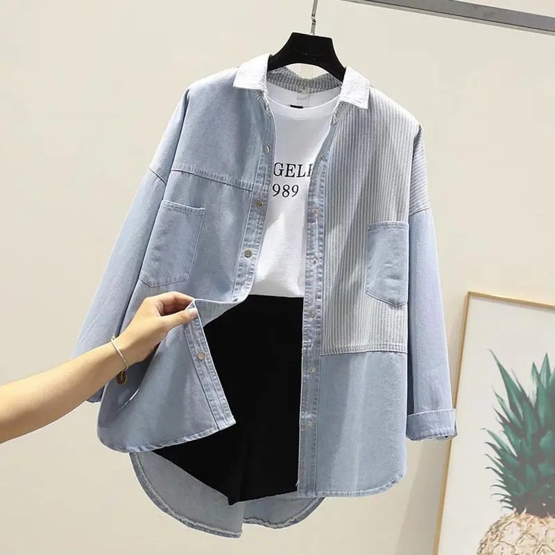 Splicing denim skjorte damefrakke forår efterår koreansk cowboyjakke løs langærmet lette jeans overtøj dametoppe