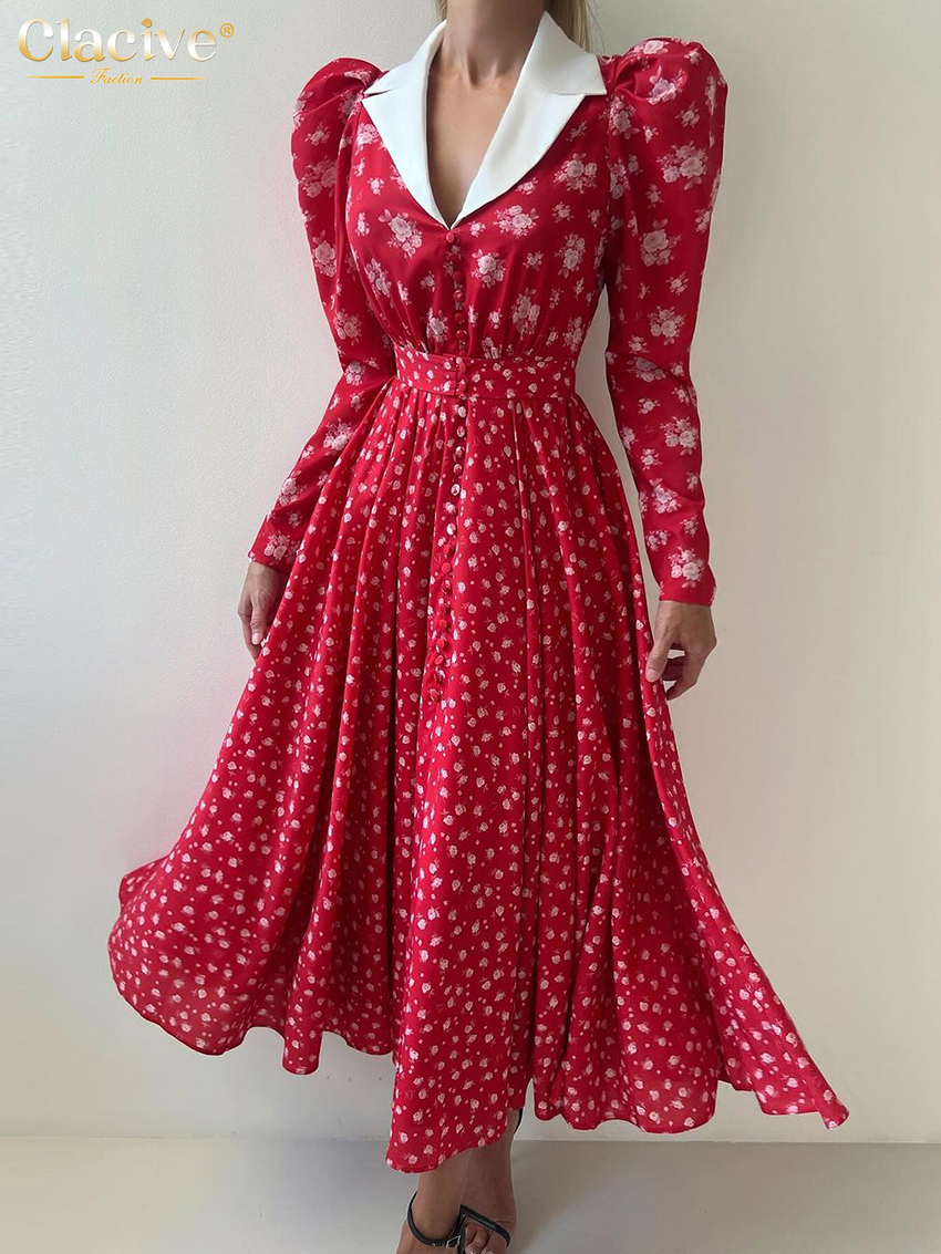 Clacive løs print damekjole vintage revers langærmet ankellange kjoler højtaljet plisseret damekjole: S / Rød