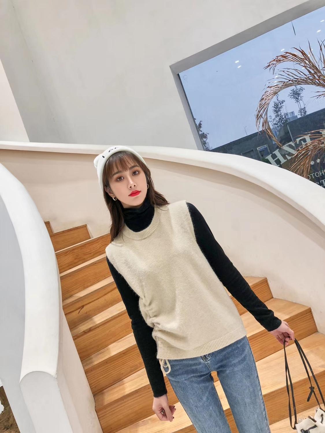 Kvinder strikket sweater vest forår koreansk stil blonder pullover ærmeløs vest strik blå vest pull  t456: Beige