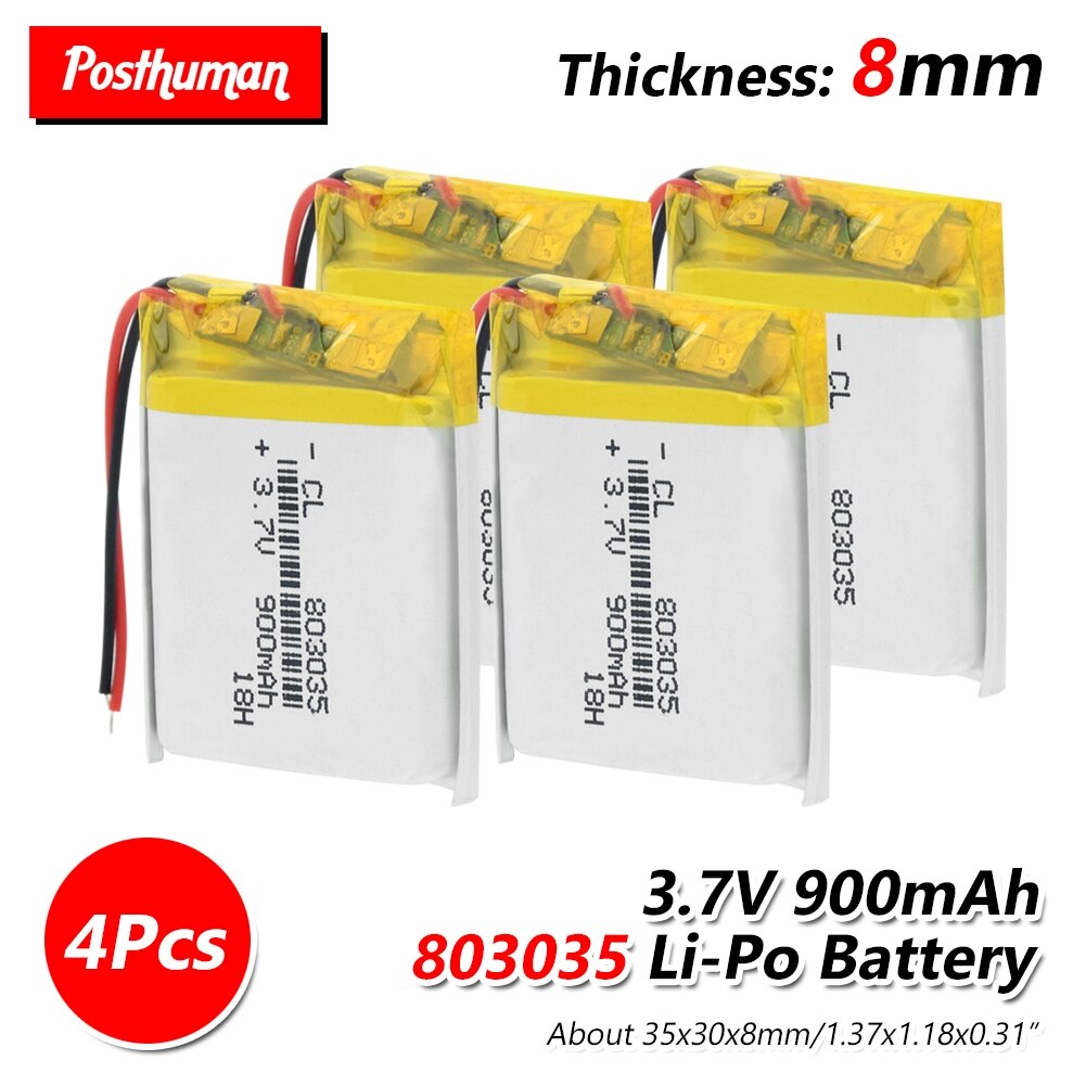 Oplaadbare Lithium Polymeer Batterij 900 Mah 3.7V 803035 Li-Ion Batterij Voor Dvr, Gps, Mp3, Mp4, mp5 Power Bank, Speaker Luchtbevochtiger: 4Pcs