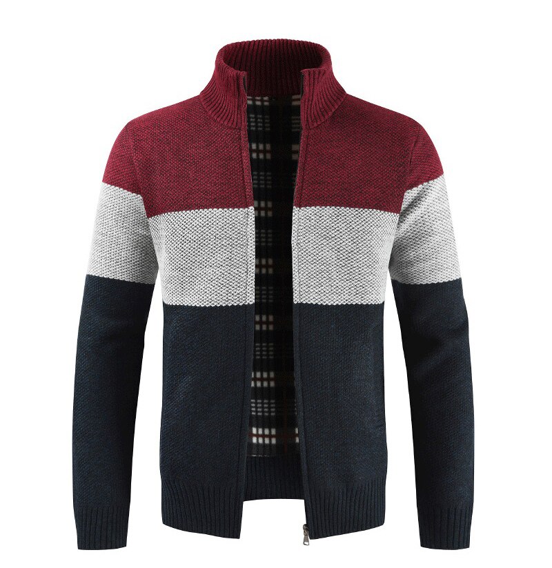 hiver hommes Patchwork chandails épais Cardigan cachemire manteaux automne décontracté col montant tricoté pull avec fermeture à glissière veste: red 2 / L