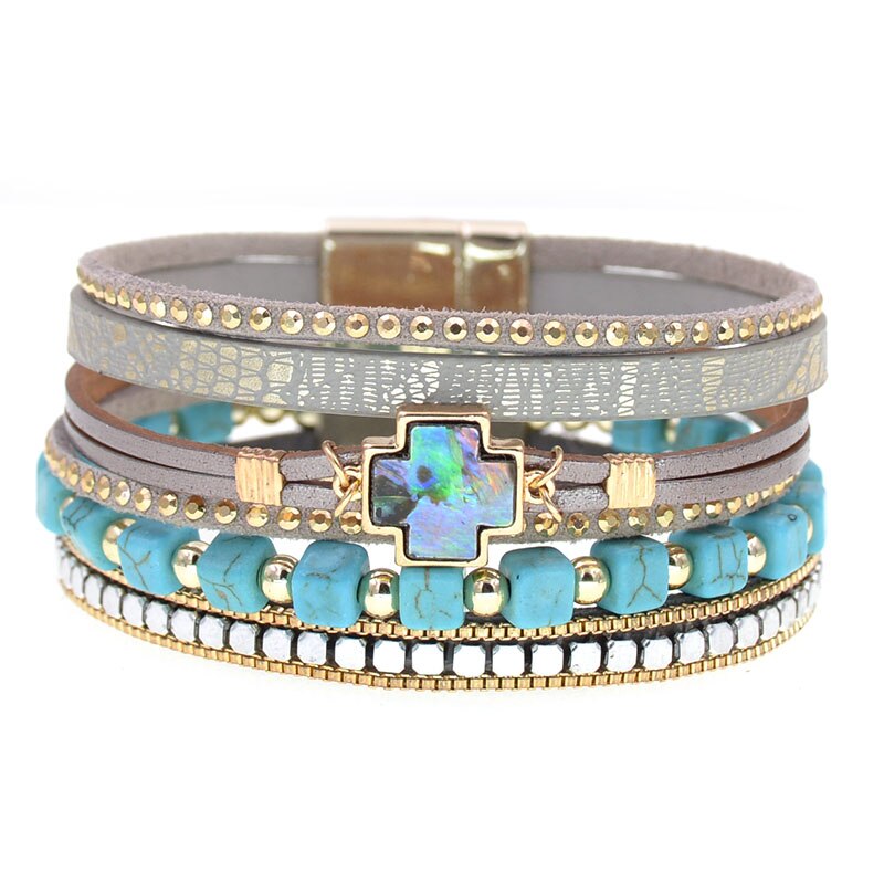 WELLMORE böhmen kreuz armbänder für frauen stein perlen wickeln armbänder leder Armbänder &Ampere; Armreifen Weiblichen Schmuck: 18cm / grau